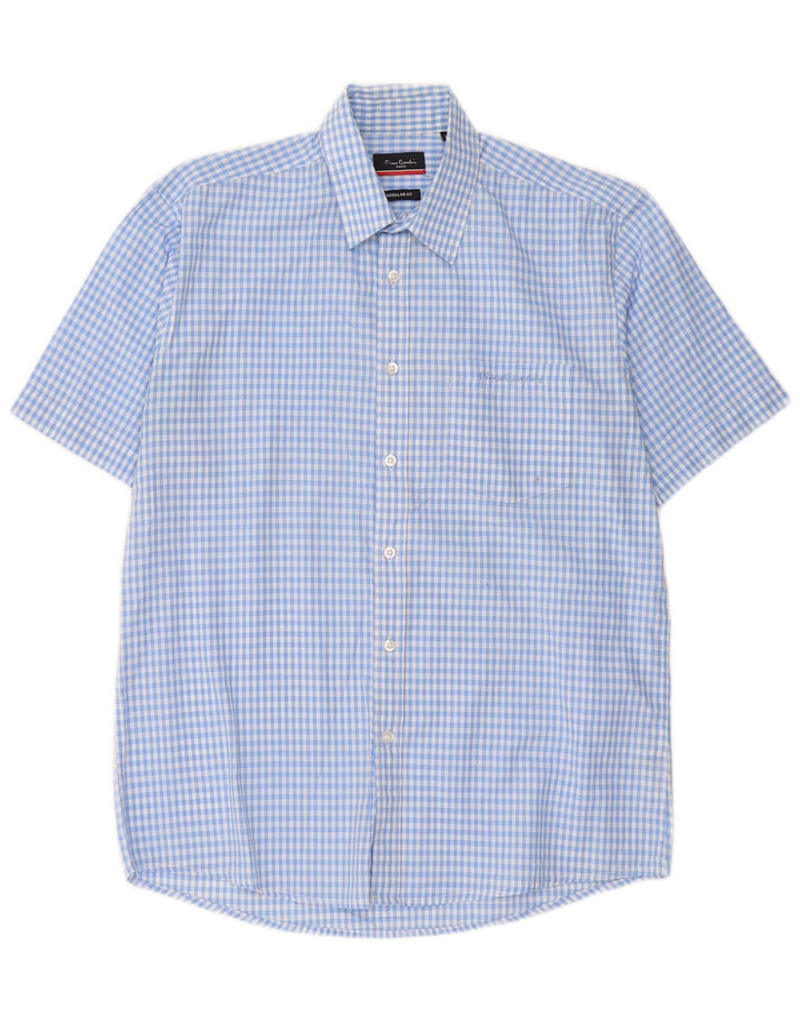 Pierre Cardin Camisa masculina de manga curta regular fit médio azul guingão