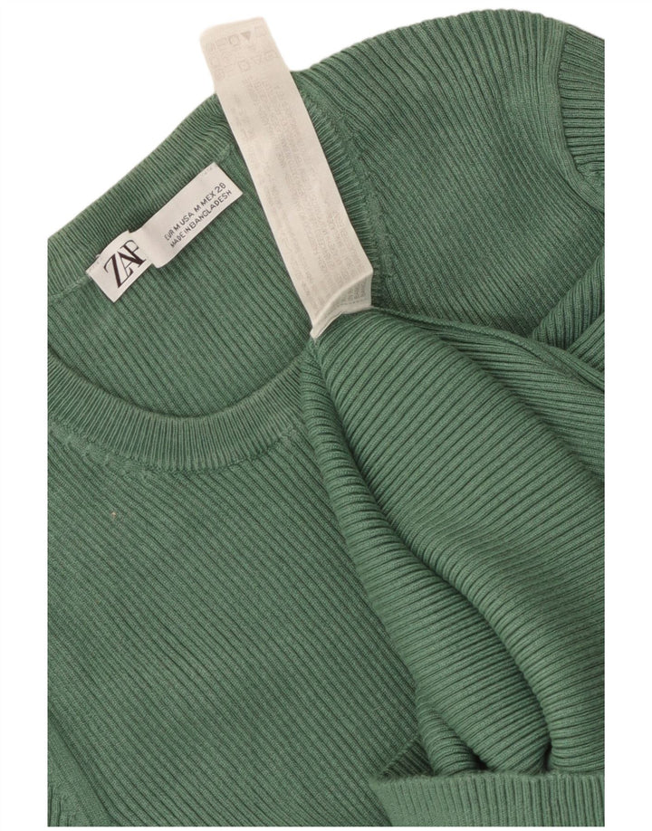 Suéter feminino Zara com gola redonda e manga 1/2 Reino Unido 14 viscose verde médio