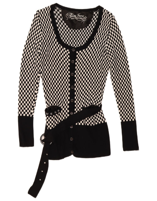 Suéter cardigã feminino Guess Reino Unido 14 grande viscose geométrica preta
