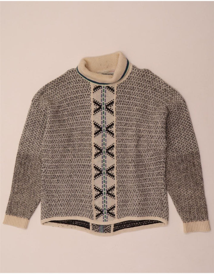 Suéter vintage masculino com gola redonda e lã geométrica grande cinza