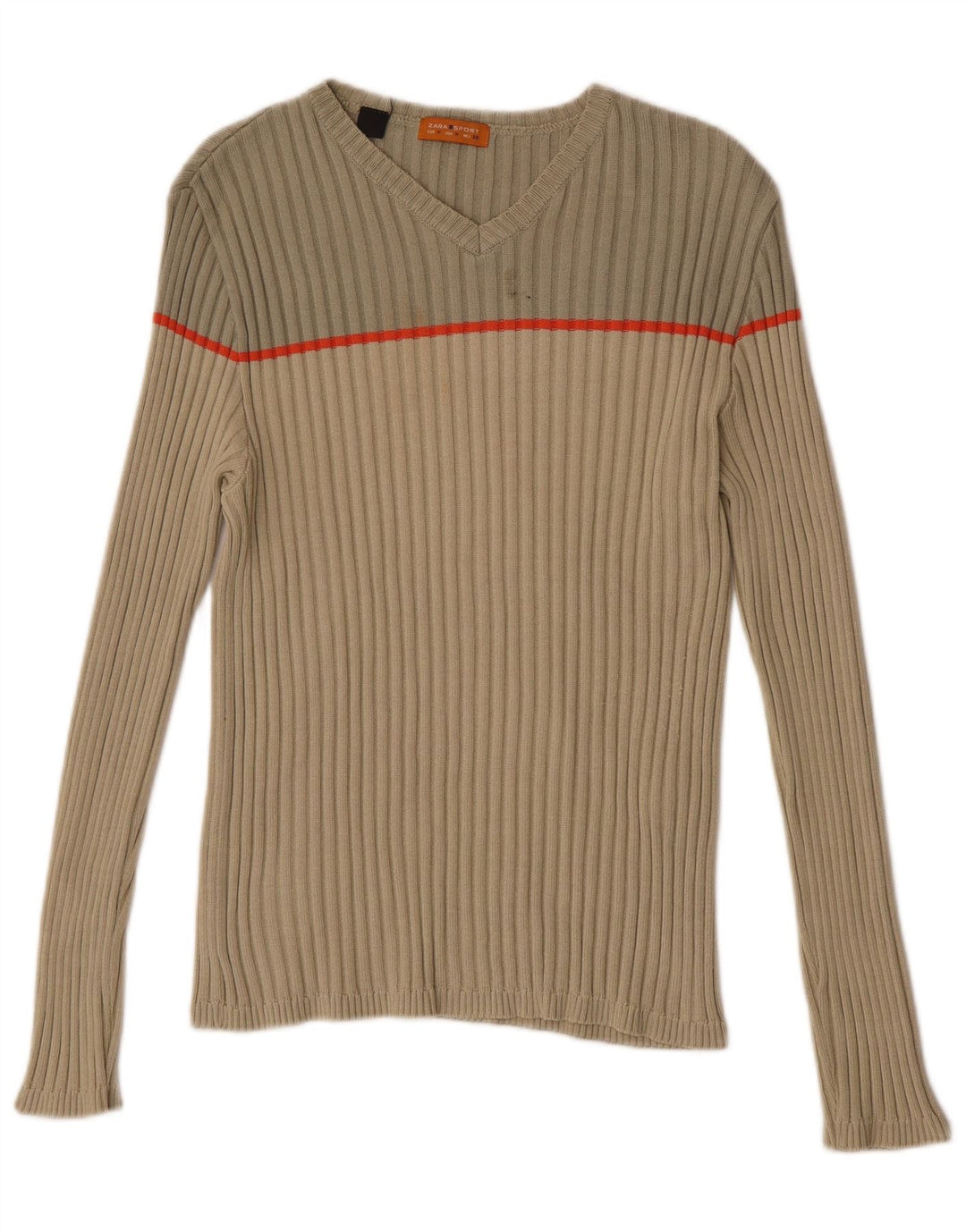 Suéter masculino Zara com decote em V e algodão colorblock bege médio