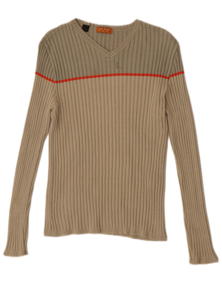 Suéter masculino Zara com decote em V e algodão colorblock bege médio