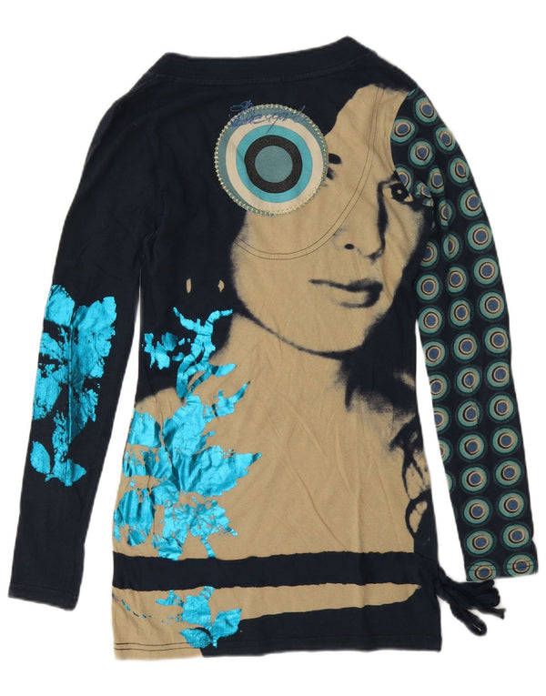 Top gráfico feminino Desigual manga comprida UK 6 XS azul marinho algodão geométrico
