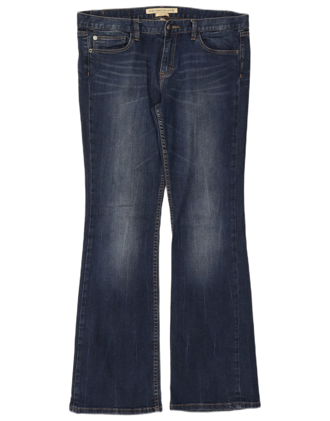 French Connection Calça jeans feminina bootcut flared EUA 16 2XL W38 L33 algodão azul