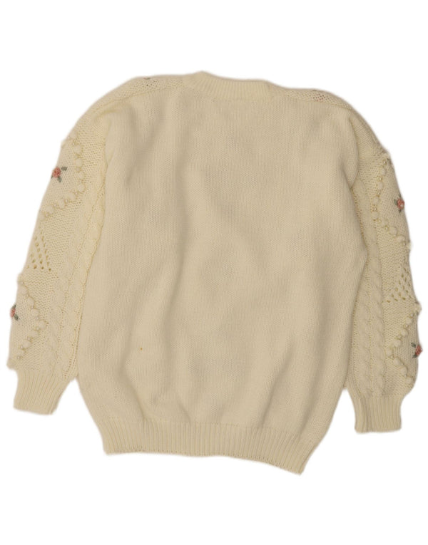 Suéter feminino vintage com gola redonda UK 20 2XL branco floral
