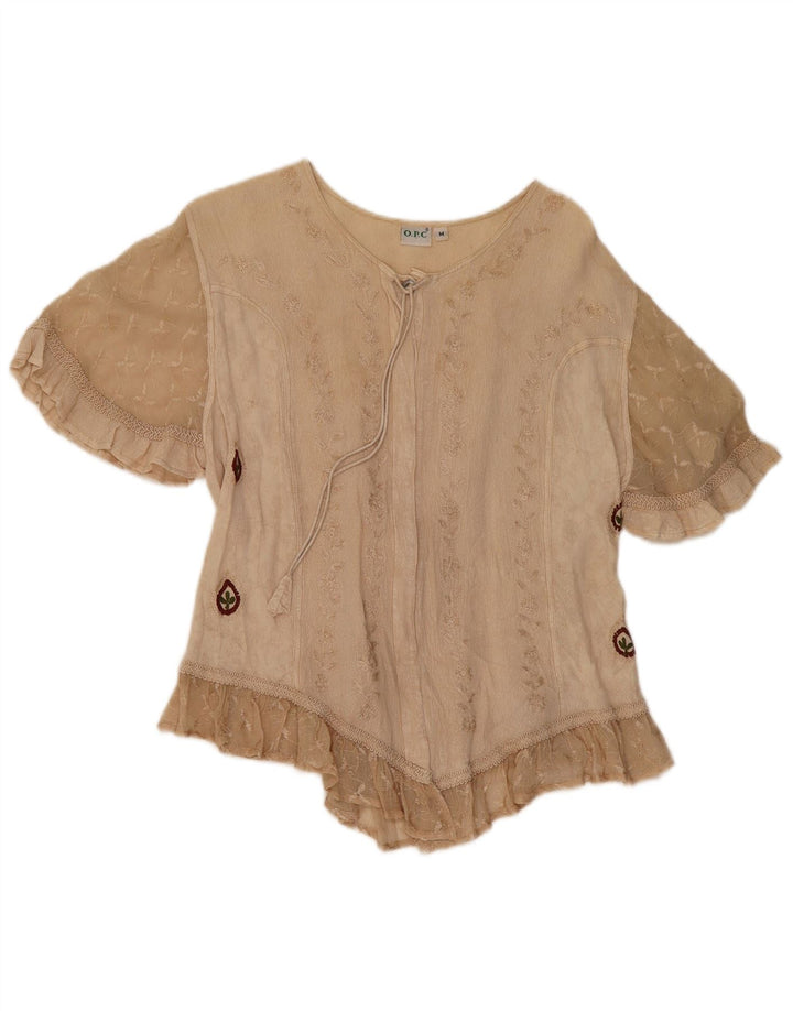 Blusa feminina O.P.C UK 14 viscose floral bege médio
