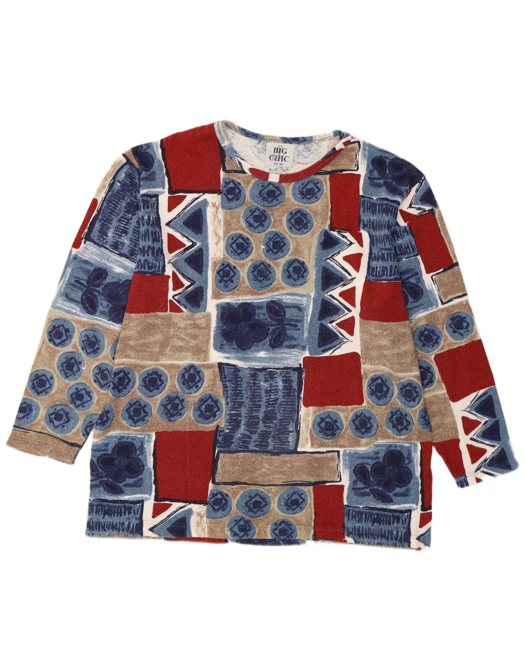 Top feminino vintage manga comprida EU 44/46 XL patchwork multicolorido