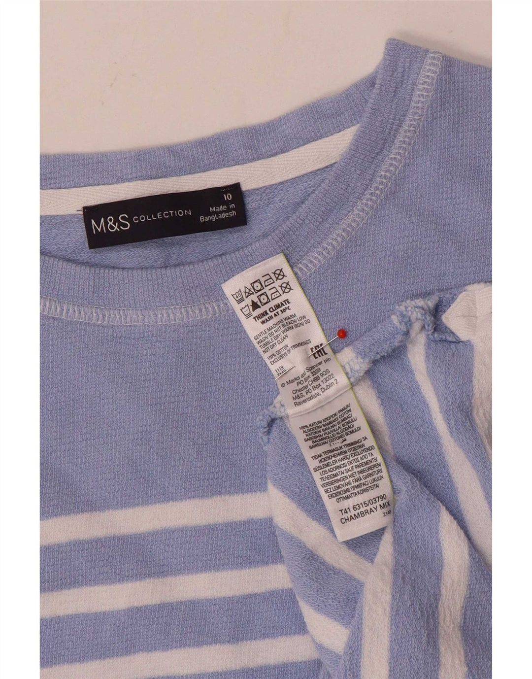 Top feminino Marks & Spencer manga comprida Reino Unido 10 pequeno algodão listrado azul