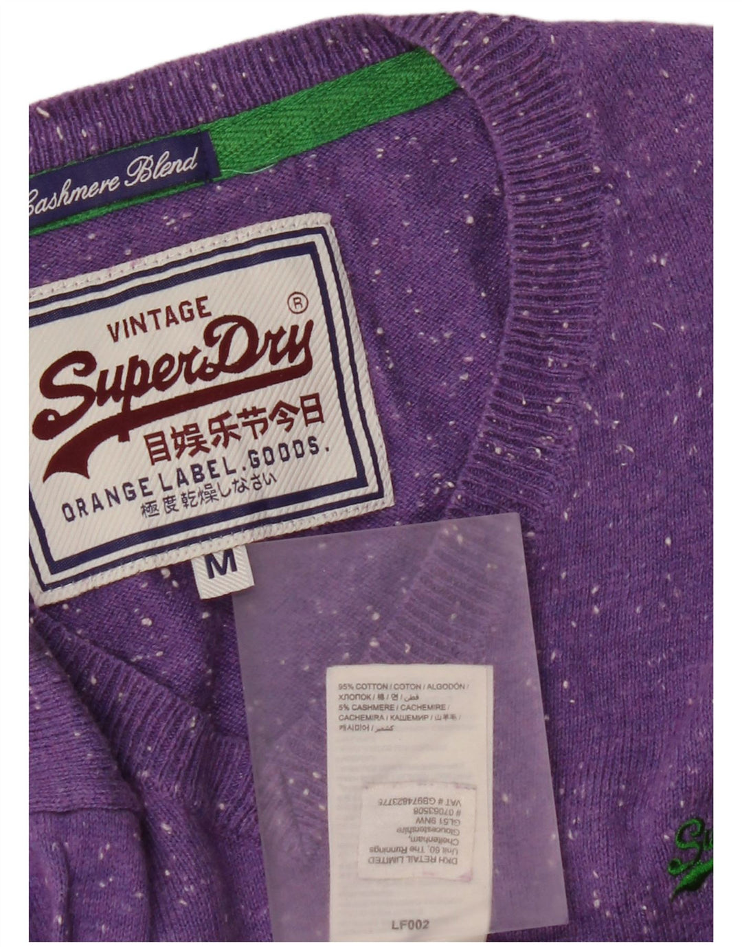 Suéter masculino Superdry com decote em V, algodão manchado roxo médio