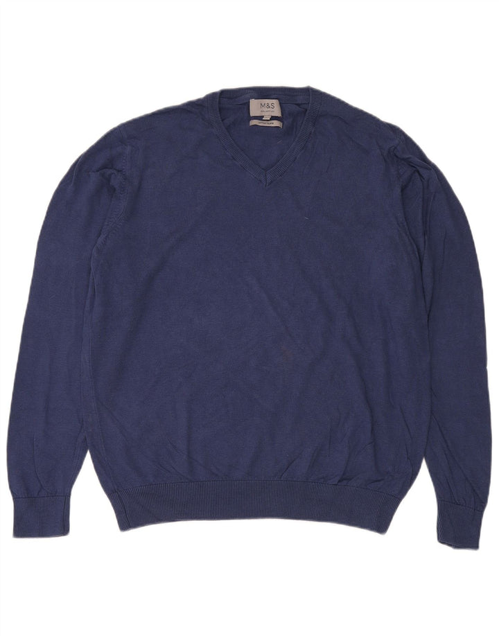 Suéter masculino Marks & Spencer com decote em V grande algodão azul marinho