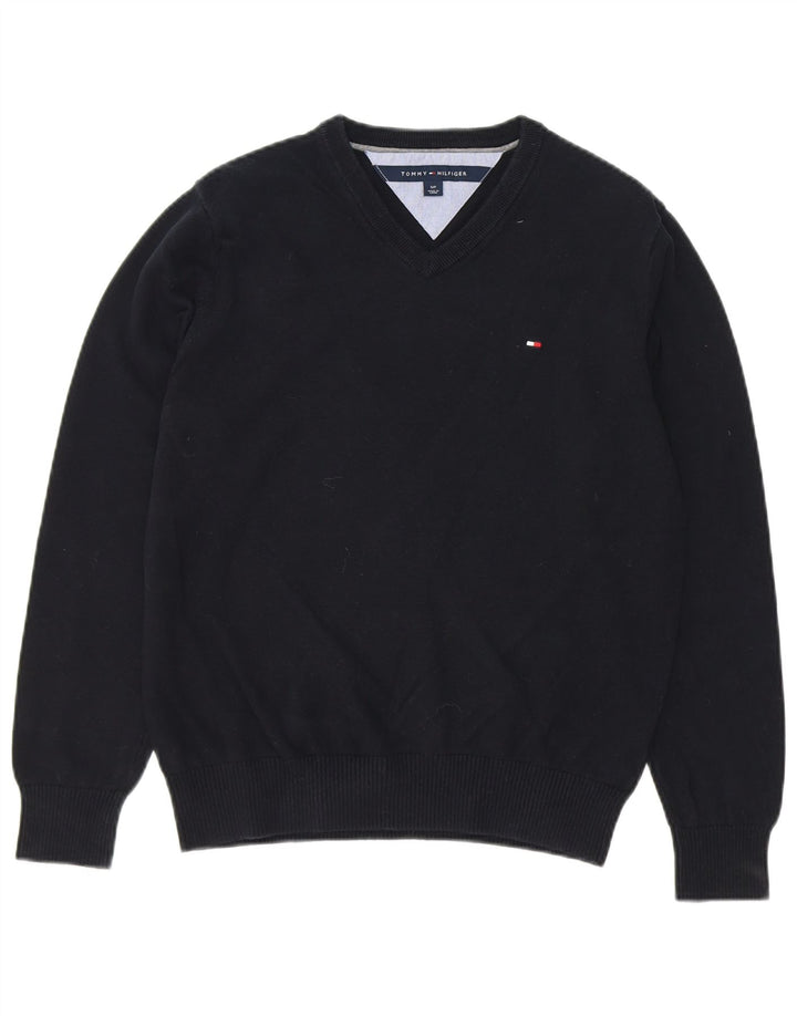 TOMMY HILFIGER Suéter masculino com decote em V pequeno algodão azul marinho