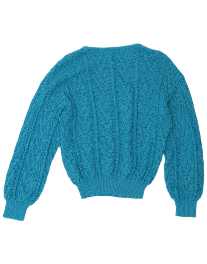 Suéter feminino vintage com gola redonda UK 12 azul médio
