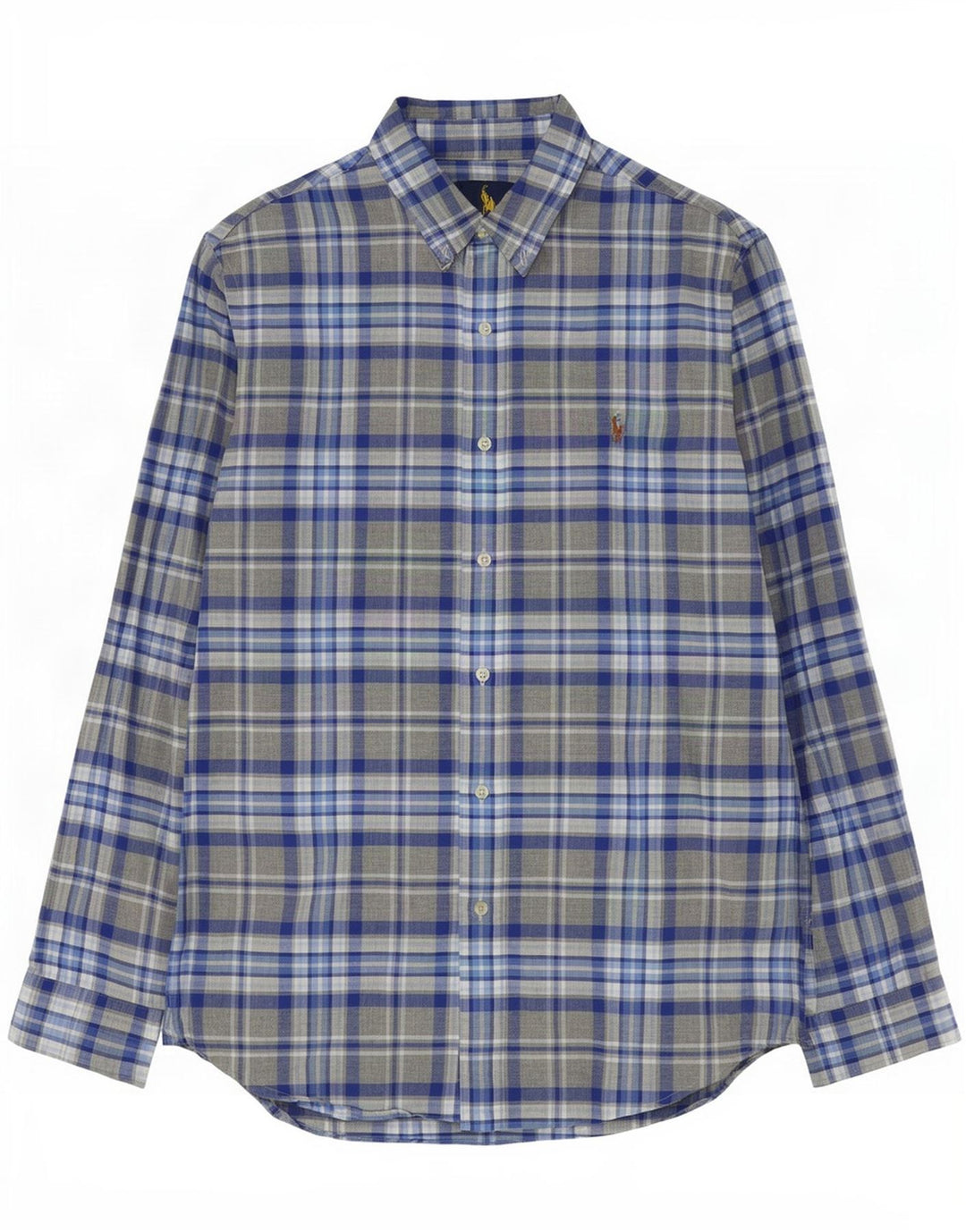 Camisa masculina Ralph Lauren Custom Fit grande algodão xadrez cinza