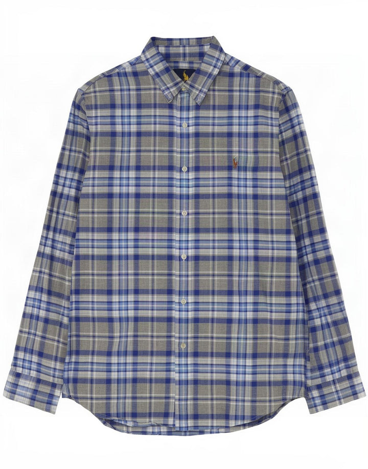 Camisa masculina Ralph Lauren Custom Fit grande algodão xadrez cinza
