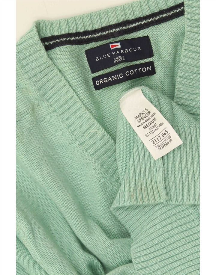 Suéter masculino Marks & Spencer Blue Harbor com decote em V, algodão verde médio