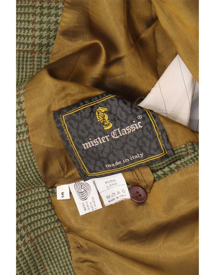 Jaqueta Blazer masculina vintage de 2 botões Reino Unido 36 Lã Houndstooth verde pequena