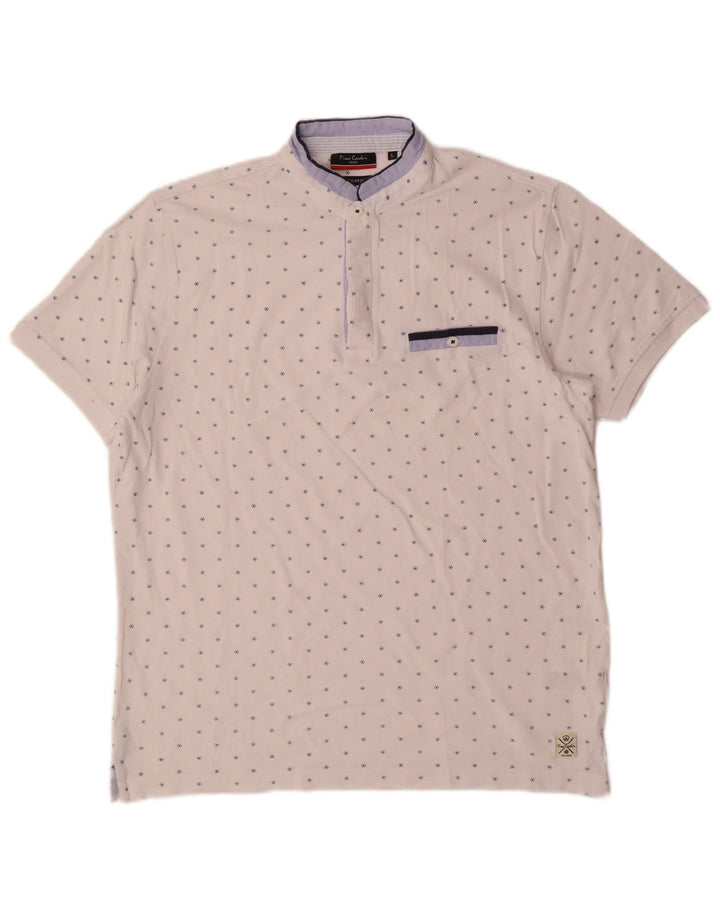 Camisa polo masculina Pierre Cardin com padrão abstrato grande de algodão branco