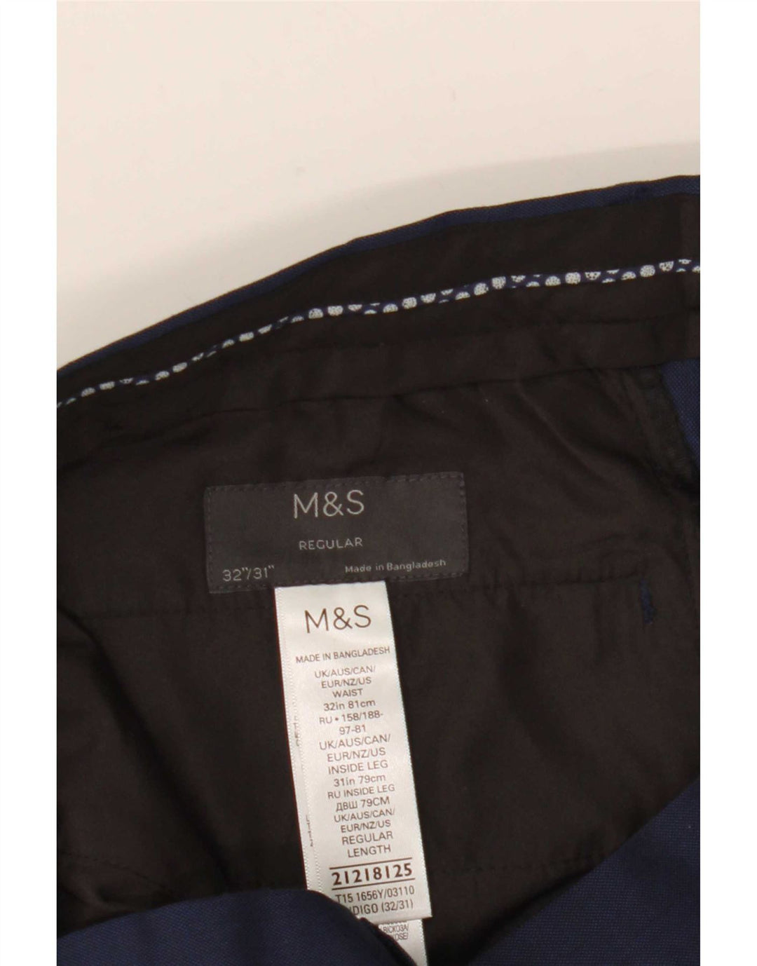 Calça masculina de terno reto Marks & Spencer W32 L31 azul marinho poliéster