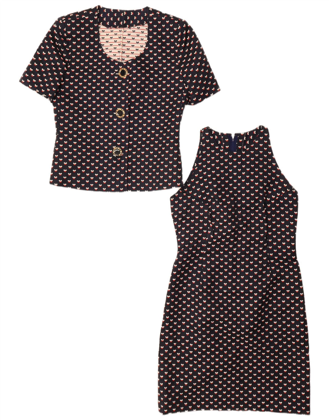 Conjunto feminino VINTAGE de 3 botões e 2 peças Reino Unido 12 médio azul marinho manchado