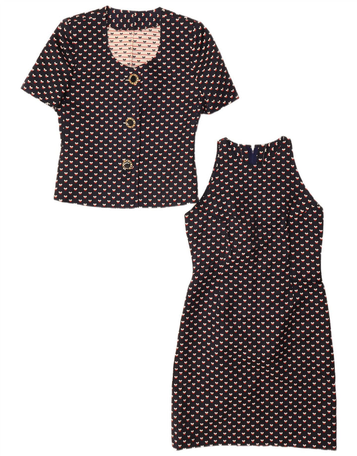 Conjunto feminino VINTAGE de 3 botões e 2 peças Reino Unido 12 médio azul marinho manchado