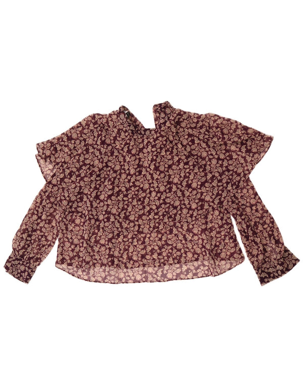 Zara Blusa feminina oversized cropped manga comprida UK 6 XS Borgonha floral