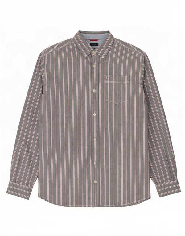 Camisa masculina Tommy Hilfiger cinza médio listrado algodão