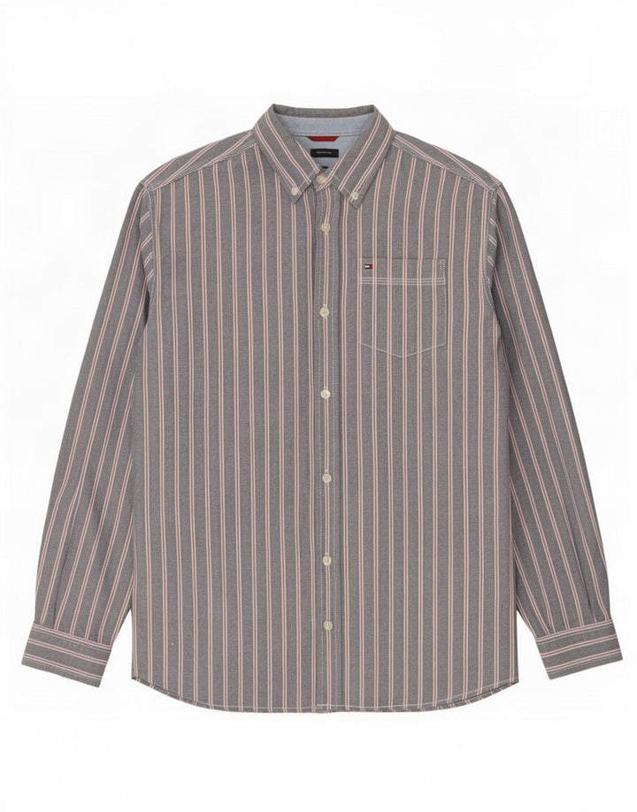 Camisa masculina Tommy Hilfiger cinza médio listrado algodão