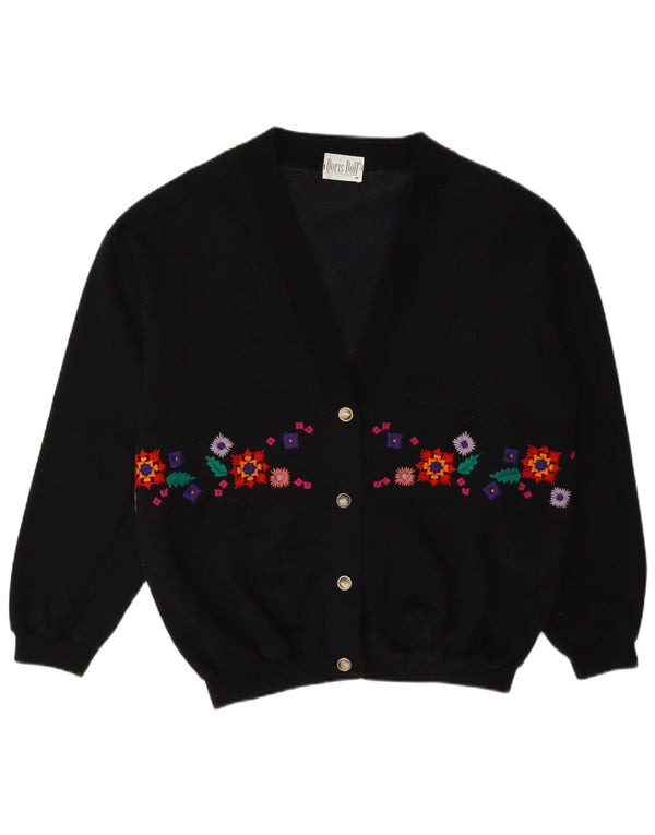 Suéter cardigã feminino vintage Reino Unido 14 algodão floral preto médio