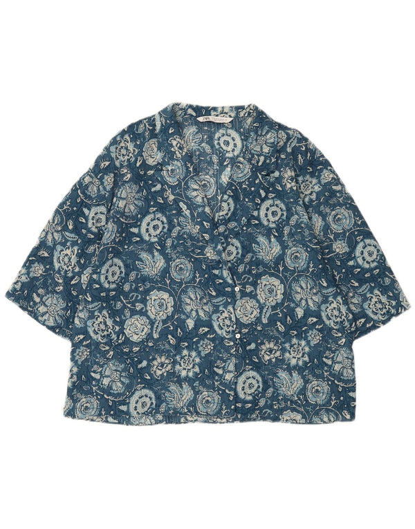 Blusa feminina Zara manga curta UK 18 XL azul floral poliéster
