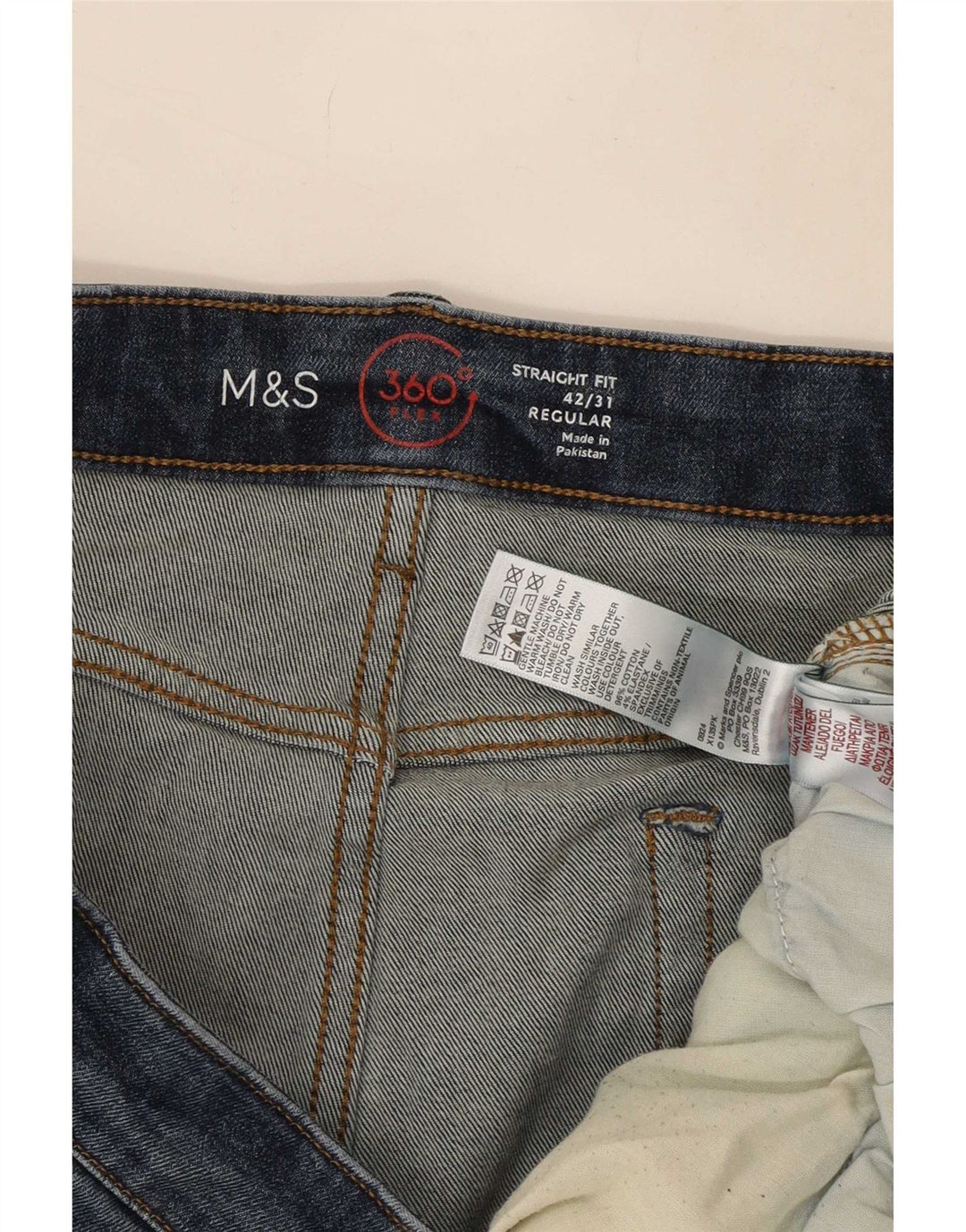 Calça jeans reta regular masculina Marks & Spencer W42 L31 algodão azul marinho