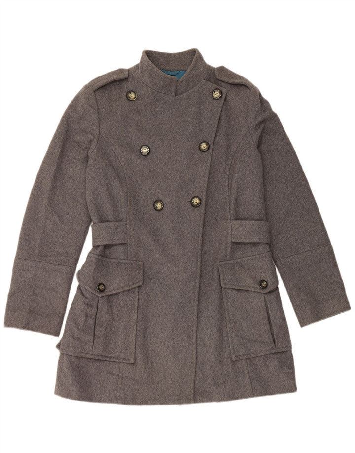 Casaco feminino Sisley militar duplo breasted Reino Unido 16 grande lã cinza