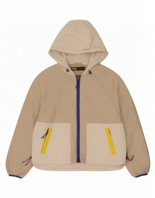 Jaqueta acolchoada com capuz feminino Zara Reino Unido 16 grande poliéster colorblock bege