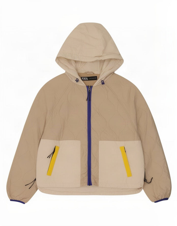 Jaqueta acolchoada com capuz feminino Zara Reino Unido 16 grande poliéster colorblock bege
