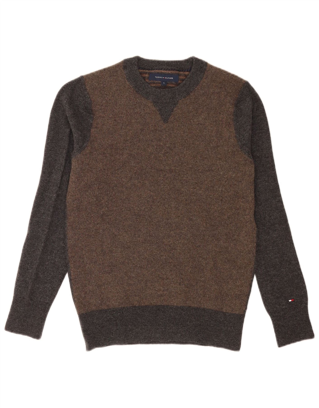 Suéter masculino Tommy Hilfiger com gola redonda e bloco colorido cinza pequeno