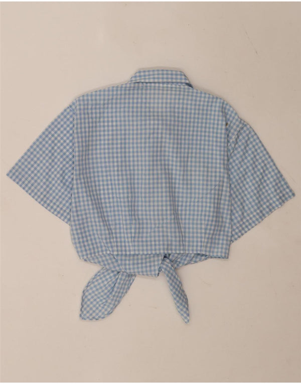 Blusa feminina vintage de manga curta UK 12 Gingham azul médio
