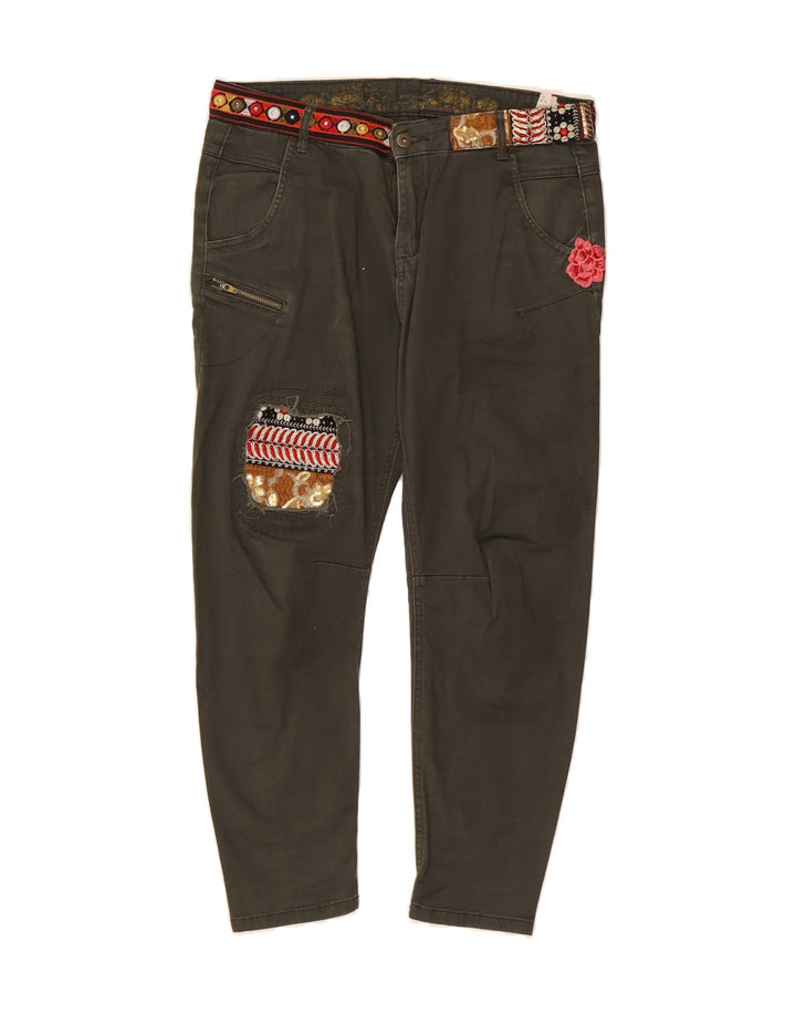 DESIGUAL Womens Graphic Cropped Trousers W28 L25 Khaki Floral Cotton Vintage Desigual and Second-Hand Desigual from Messina Hembry 