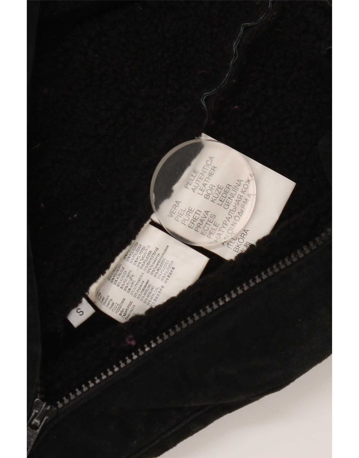 Jaqueta feminina vintage de camurça sherpa Reino Unido 10 couro preto pequeno