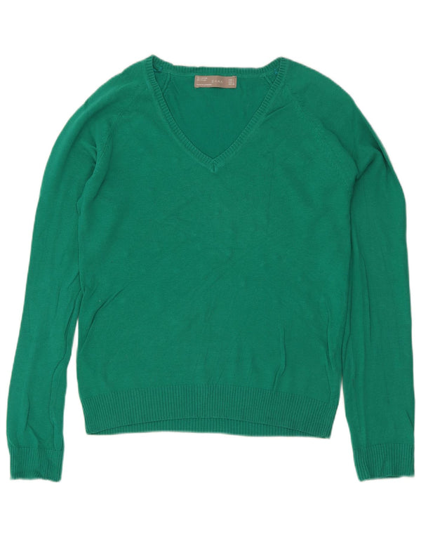 Suéter feminino Zara com decote em V Reino Unido 14 grande algodão verde
