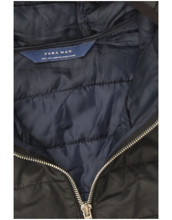 Colete acolchoado com capuz masculino Zara UK 40 grande poliéster preto