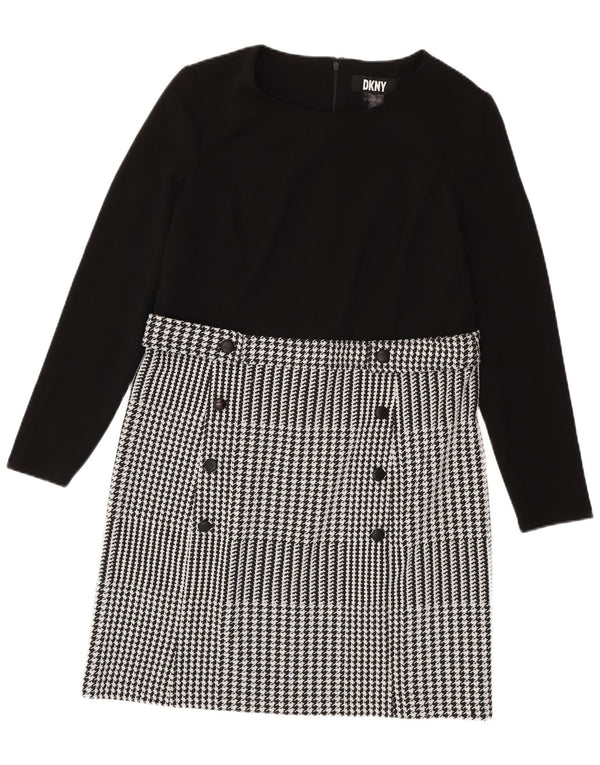 Vestido feminino Dkny de manga comprida com bainha US 14 XL preto Houndstooth clássico