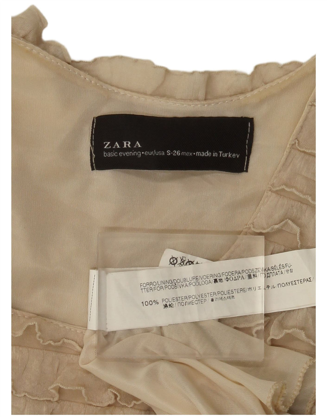 Vestido feminino Zara sem mangas em camadas UK 8 pequeno poliéster bege