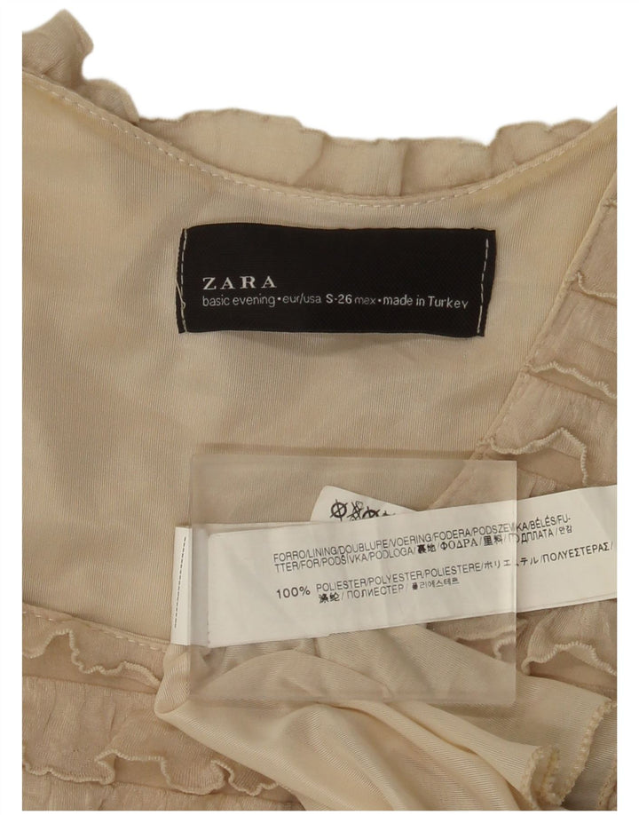 Vestido feminino Zara sem mangas em camadas UK 8 pequeno poliéster bege
