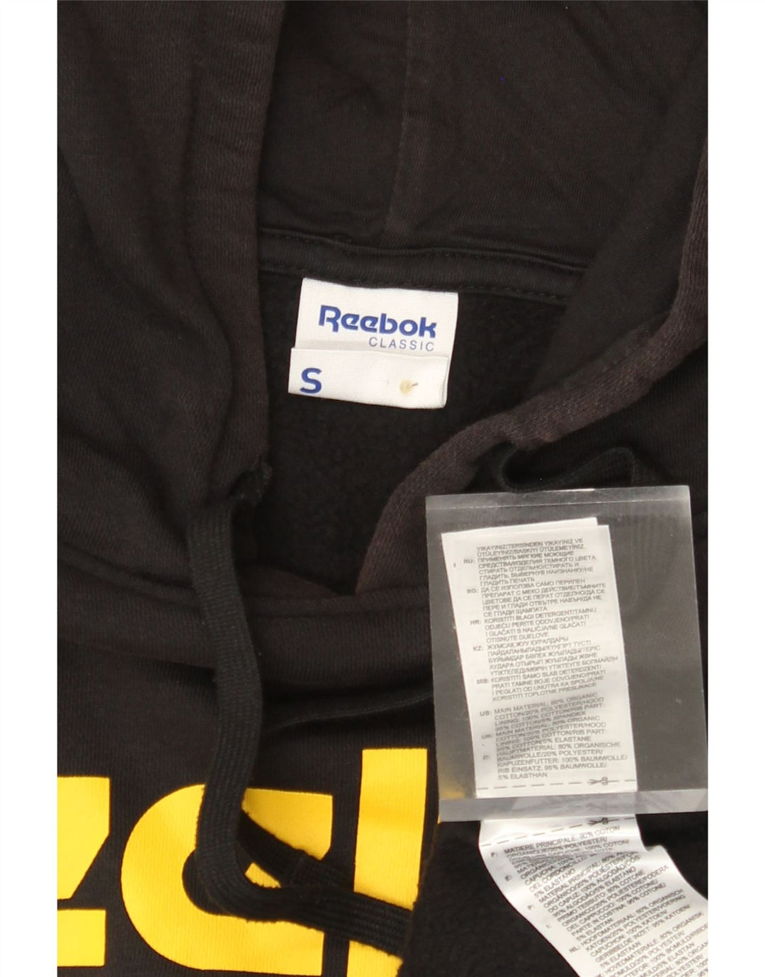 REEBOK masculino clássico gráfico moletom com capuz pequeno preto colorido bloco de algodão