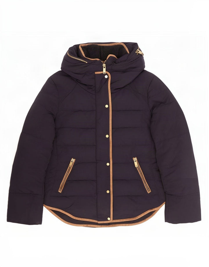 Jaqueta acolchoada com capuz feminino Zara UK 10 poliéster azul marinho pequeno