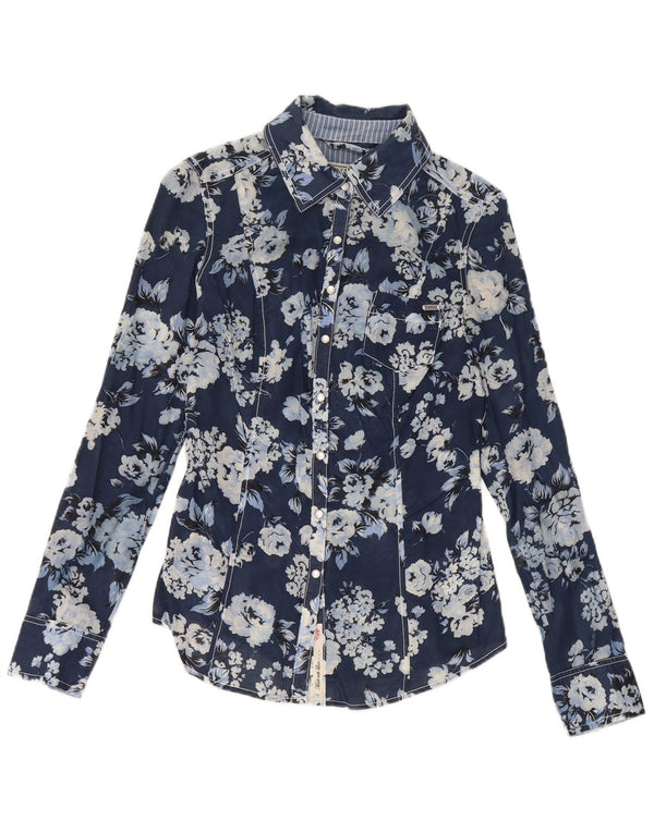 Camisa feminina Guess UK 10 pequena algodão floral azul marinho