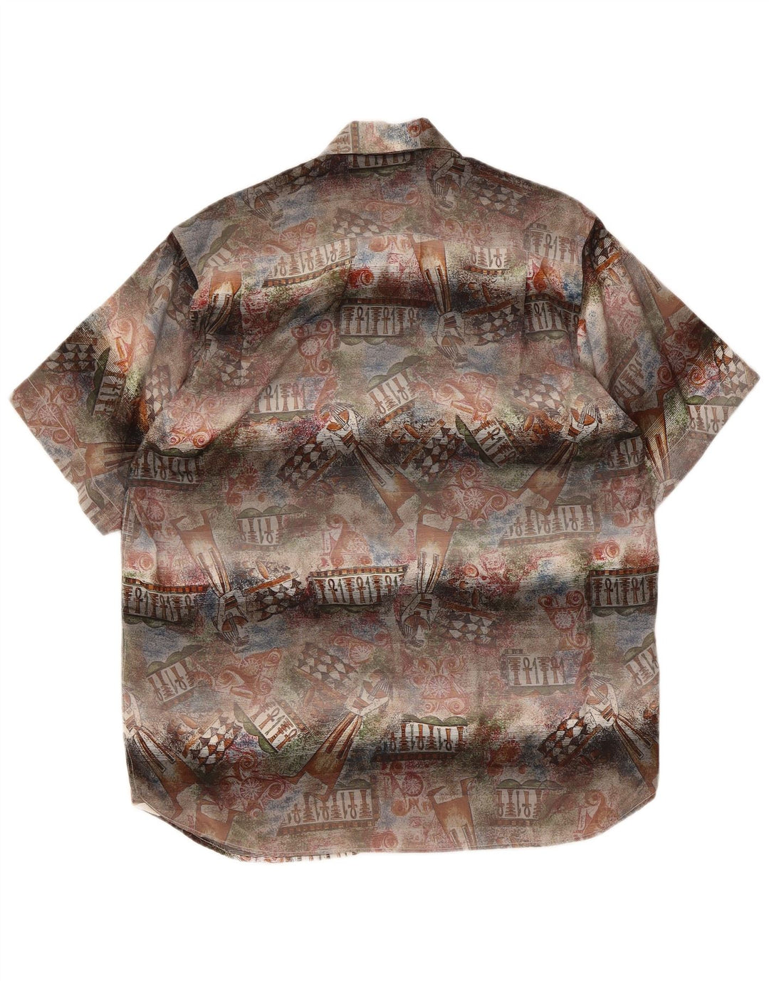 Camisa masculina vintage de manga curta com padrão abstrato médio multicolorido