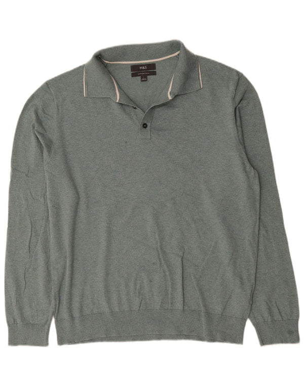Suéter masculino Marks & Spencer com gola polo e algodão verde grande