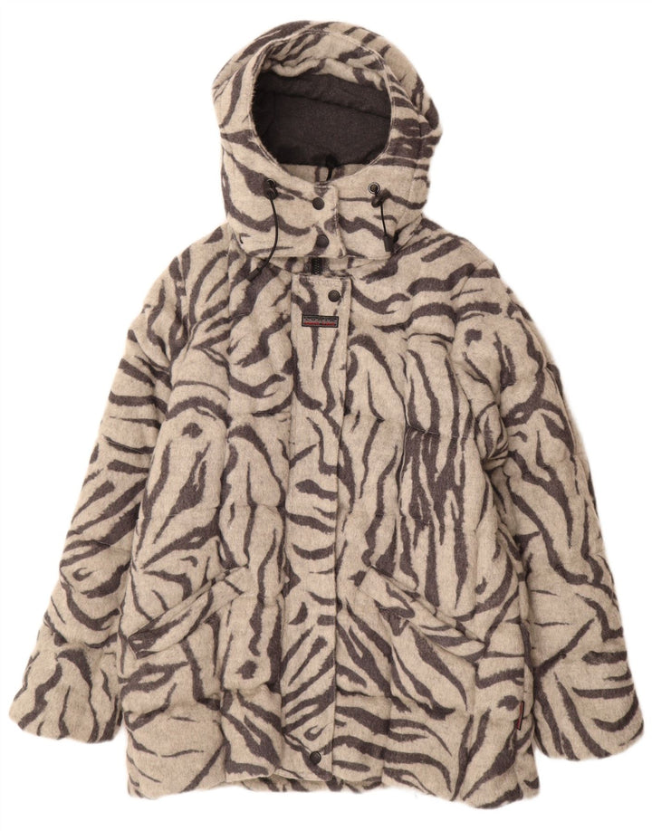 Luhta Casaco feminino acolchoado com capuz UK 12 lã cinza médio com estampa animal
