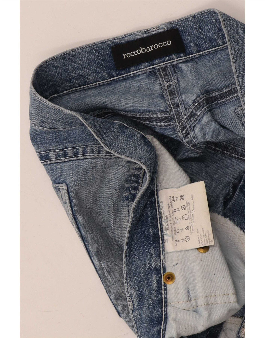 Roccobarocco feminino gráfico reto jeans W34 L31 algodão azul