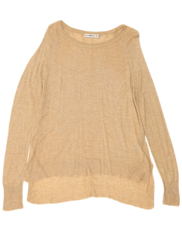 Suéter feminino Zara com gola canoa Reino Unido 10 viscose manchada bege pequena